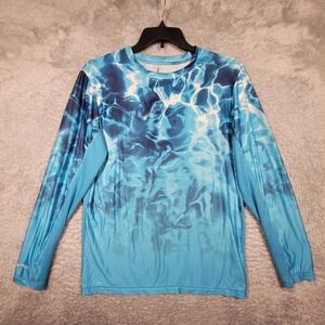 Habit Shirt Mens Medium Solar-Factor Blue Water Print‎ Long Sleeve *stain